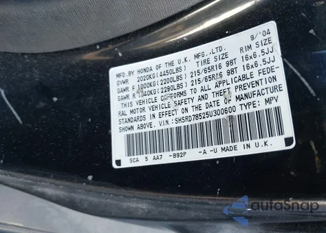 2005 Honda Cr-V Lx из США, поврежденный, VIN SHSRD78525U300600